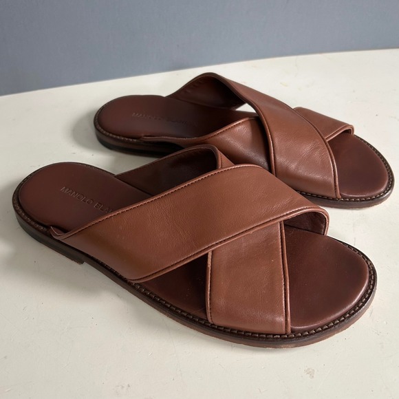 Manolo Blahnik Sandals Mens size 7 Brown Leather Criss Cross Slide Italy Euro - Picture 4 of 9